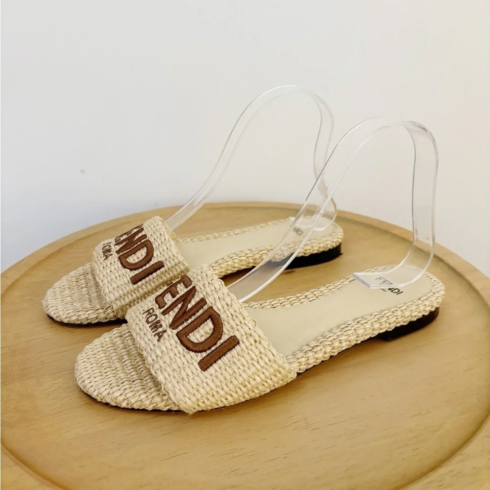 Fendi Signature Raffia Slip On Slides - Picture 4 of 6